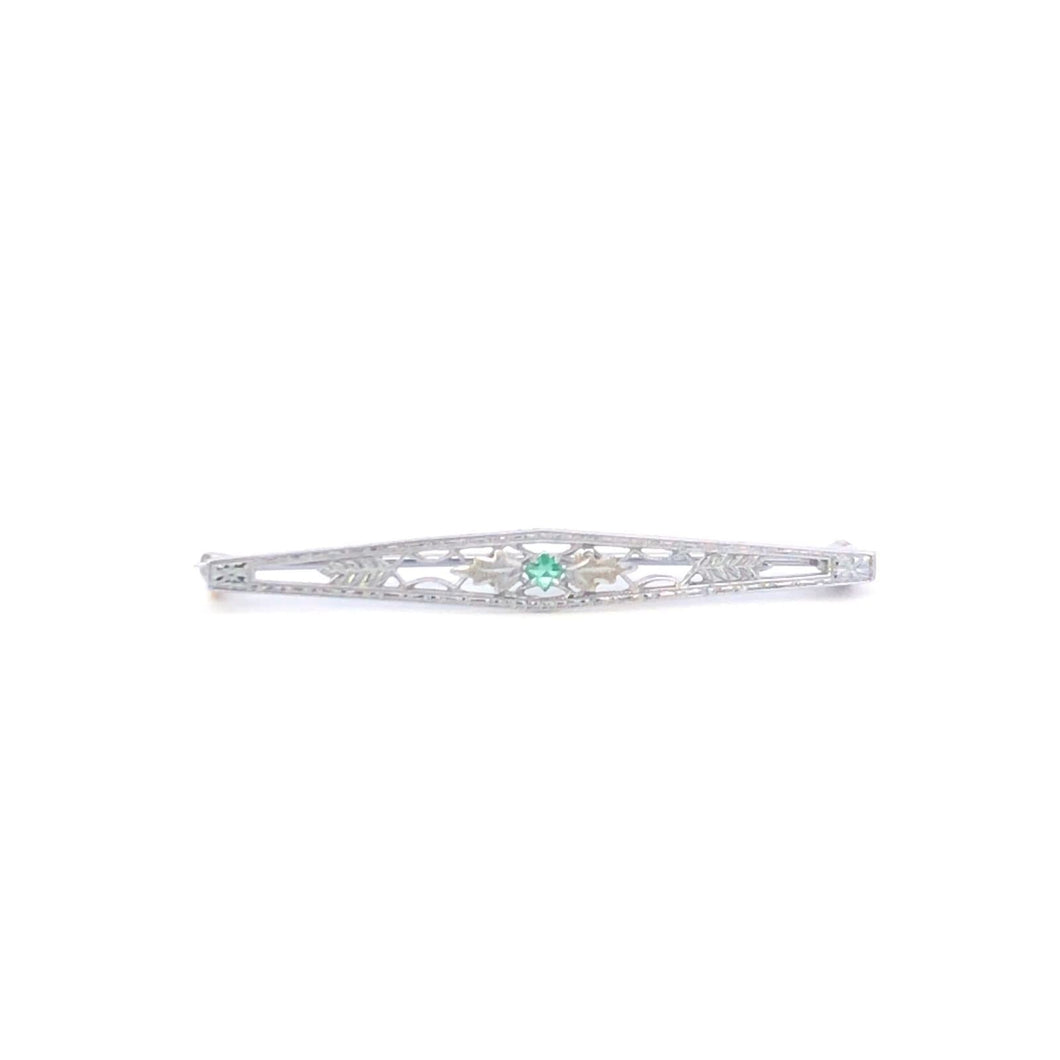 10K Art Deco Emerald Leaf Vine Filigree Bar Pin/Brooch White Gold