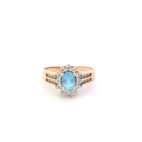 10K Oval Blue Topaz CZ Halo Vintage Statement Ring Yellow Gold