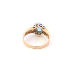 10K Oval Blue Topaz CZ Halo Vintage Statement Ring Yellow Gold