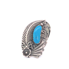 Load image into Gallery viewer, Sterling Silver Southwestern Feather Vine Turquoise Swirl Ring