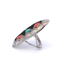 Load image into Gallery viewer, Sterling Silver Southwestern Coral Turquoise Scalloped Oval Ring