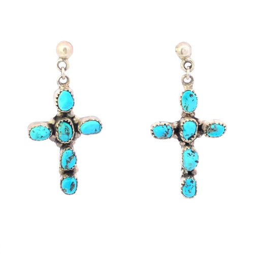 Sterling Silver Ornate Turquoise Cross Christian Faith Earrings