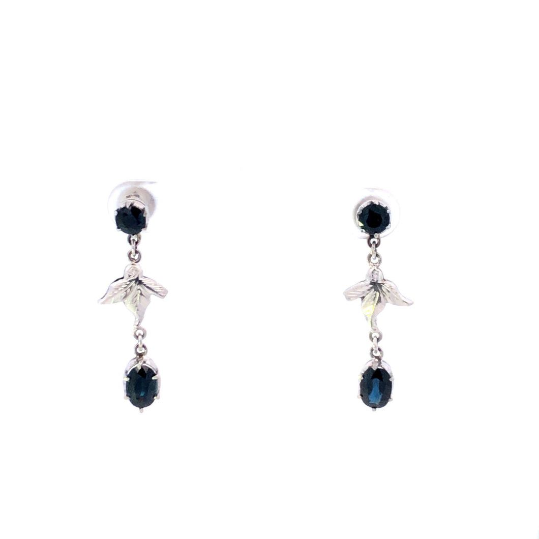 Platinum Natural Sapphire Ornate Leaf Dangle Earrings