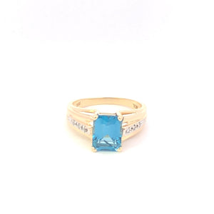 10K Emerald Cut Blue Topaz Diamond Statement Ring Yellow Gold