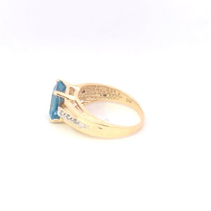 10K Emerald Cut Blue Topaz Diamond Statement Ring Yellow Gold