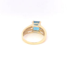 Load image into Gallery viewer, 10K Emerald Cut Blue Topaz Diamond Statement Ring Yellow Gold