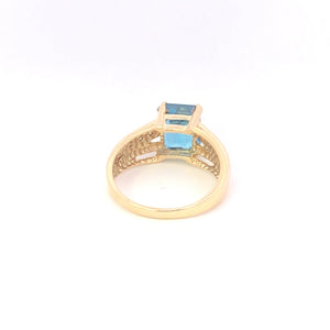 10K Emerald Cut Blue Topaz Diamond Statement Ring Yellow Gold