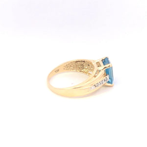 10K Emerald Cut Blue Topaz Diamond Statement Ring Yellow Gold