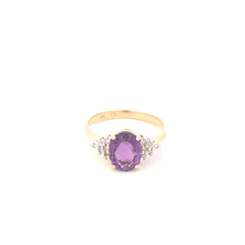 14K Oval Amethyst Diamond Cluster Accent Ring Yellow Gold