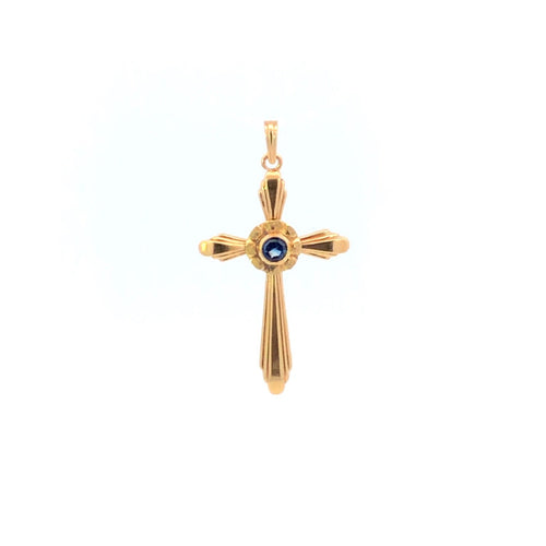 14K Vintage Sapphire Classic Cross Christian Pendant Yellow Gold