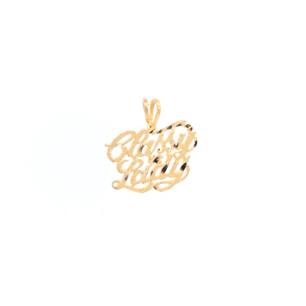 14K Classy Lady Diamond Cut Cursive Letter Word Pendant Yellow Gold