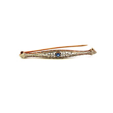 Load image into Gallery viewer, 14K Art Deco Sim. Sapphire Filigree Ornate Bar Pin/Brooch Yellow Gold