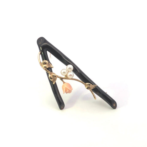 14K Black & Pink Coral Pearl Branch Rose Pin/Brooch Yellow Gold