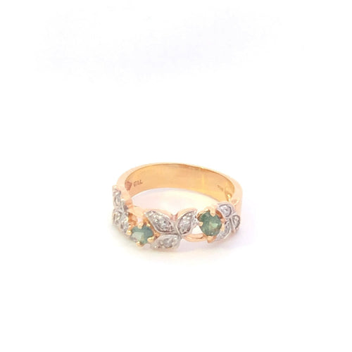 14K Green Sapphire Diamond Vine Leaf Band Ring Yellow Gold