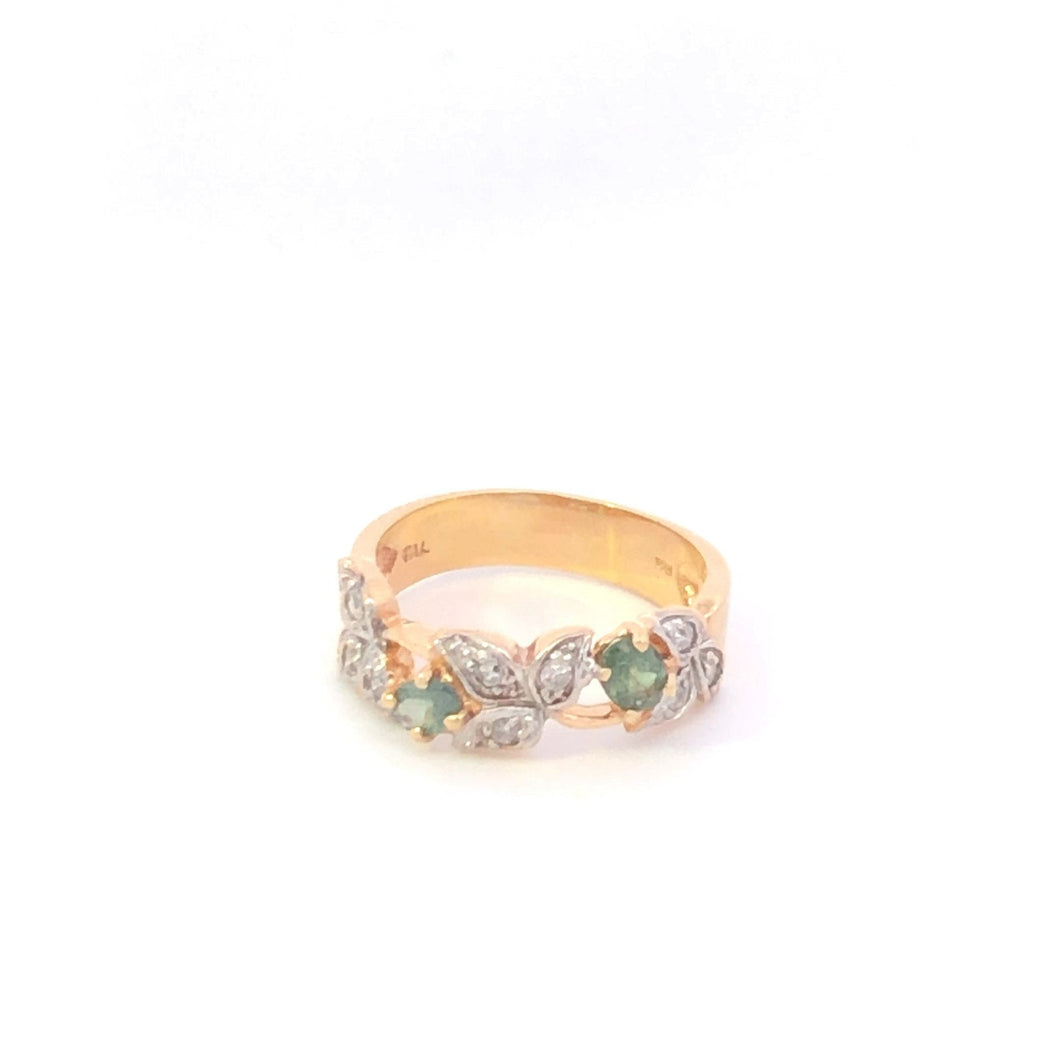 14K Green Sapphire Diamond Vine Leaf Band Ring Yellow Gold