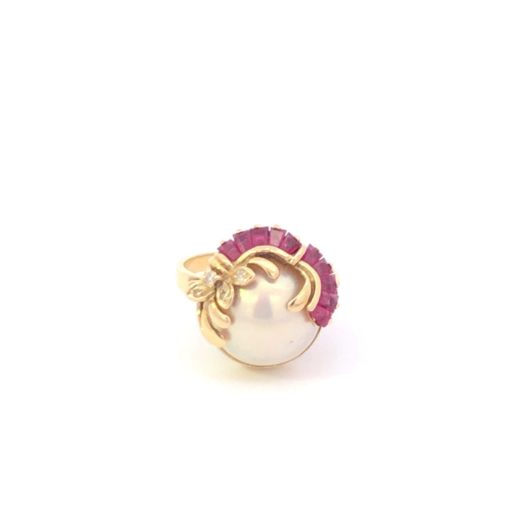 14K Pearl Ruby Diamond Cocktail Cluster Statement Ring Yellow Gold