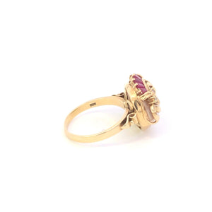 14K Pearl Ruby Diamond Cocktail Cluster Statement Ring Yellow Gold