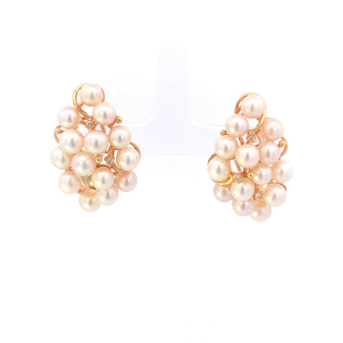 14K Pearl Vintage Diamond Cluster Statement Earrings Yellow Gold