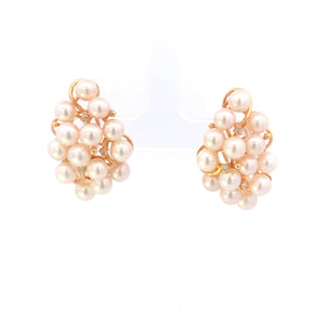 14K Pearl Vintage Diamond Cluster Statement Earrings Yellow Gold