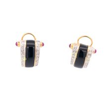 Load image into Gallery viewer, 14K Curved Black Onyx Diamond Ruby French Clip Earrings Yellow Gold