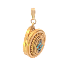 14K Victorian Diamond Turquoise Photo Picture Locket Pendant Yellow Gold