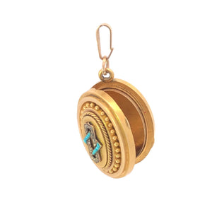 14K Victorian Diamond Turquoise Photo Picture Locket Pendant Yellow Gold