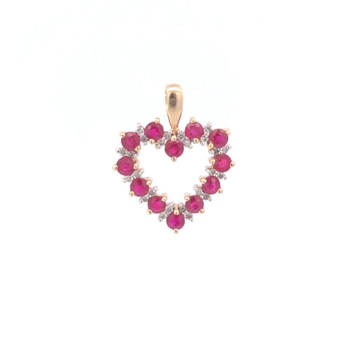 14K Classic Ruby Diamond Heart Vintage Love Pendant Yellow Gold