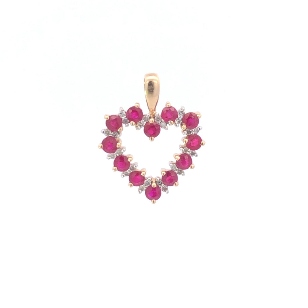 14K Classic Ruby Diamond Heart Vintage Love Pendant Yellow Gold