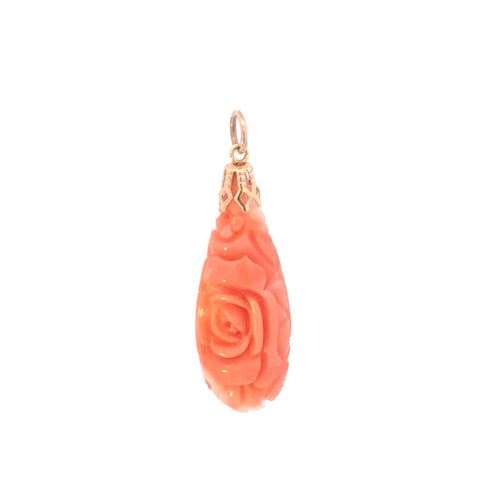 14K Carved Coral Flower Rose Ornate Pendant Yellow Gold