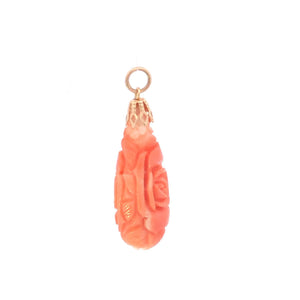 14K Carved Coral Flower Rose Ornate Pendant Yellow Gold