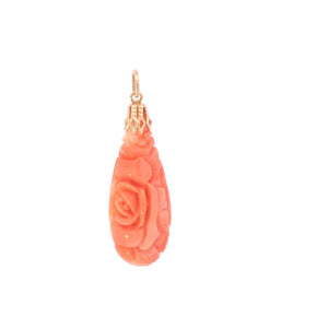 14K Carved Coral Flower Rose Ornate Pendant Yellow Gold