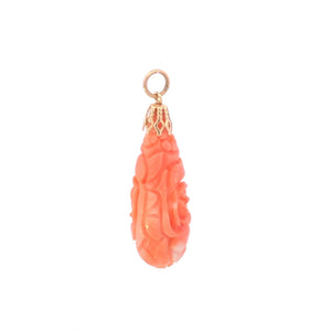 14K Carved Coral Flower Rose Ornate Pendant Yellow Gold