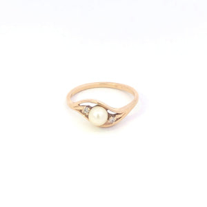 10K Pearl Diamond Accent Vintage Bypass Ring Yellow Gold