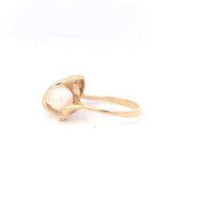 10K Pearl Diamond Accent Vintage Swirl Statement Ring Yellow Gold