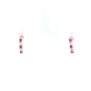 10K Ruby CZ Accent Curved Semi Hoop Bar Earrings Yellow Gold