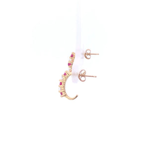 10K Ruby CZ Accent Curved Semi Hoop Bar Earrings Yellow Gold