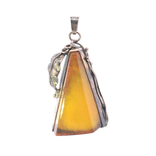 Sterling Silver Yellow Art Glass Southwestern Floral Triangle Pendant