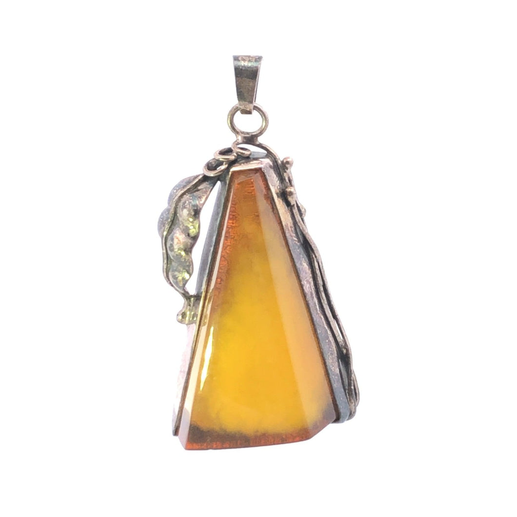 Sterling Silver Yellow Art Glass Southwestern Floral Triangle Pendant