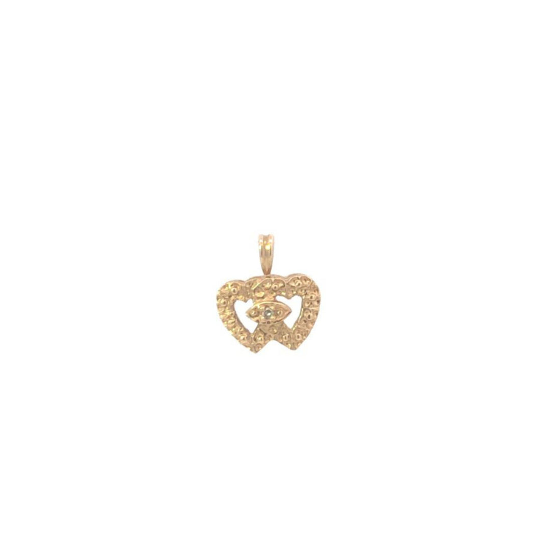 10K Vintage Diamond Two Heart Flower Textured Pendant Yellow Gold