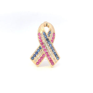 14K Ruby Sapphire Diamond Remembrance Ribbon Pin/Brooch Yellow Gold