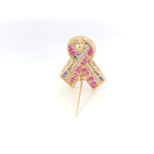 14K Ruby Sapphire Diamond Remembrance Ribbon Pin/Brooch Yellow Gold