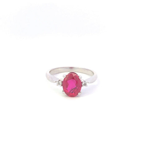 10K Oval Syn. Ruby CZ Accent Vintage Statement Ring White Gold