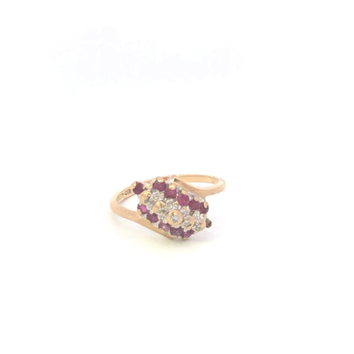 10K Vintage Diamond Ruby Slanted Cluster Bypass Ring Yellow Gold