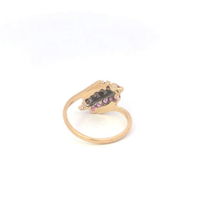 10K Vintage Diamond Ruby Slanted Cluster Bypass Ring Yellow Gold