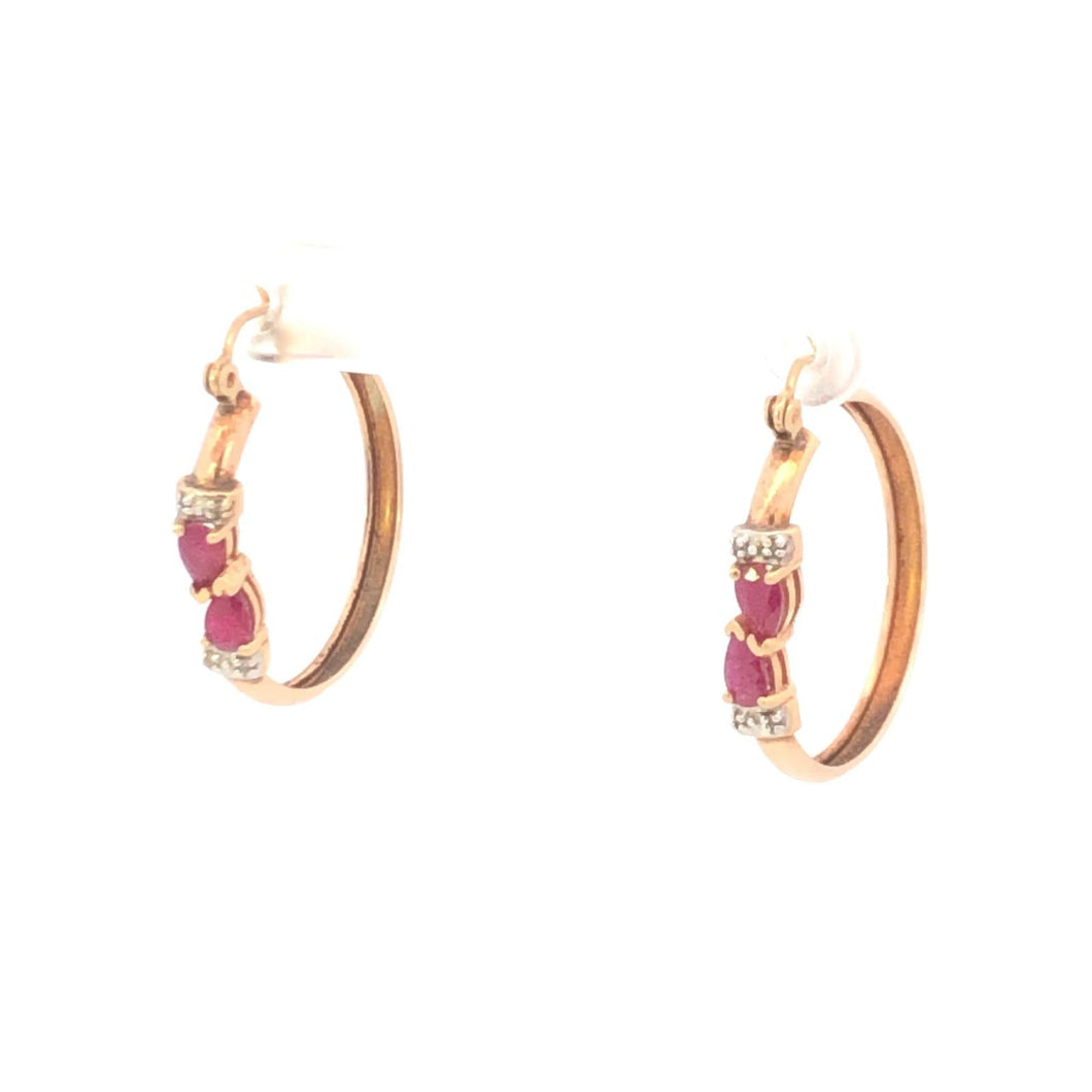 10K 27.6mm Vintage Ruby Diamond Classic Hoop Earrings Yellow Gold