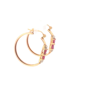 10K 27.6mm Vintage Ruby Diamond Classic Hoop Earrings Yellow Gold