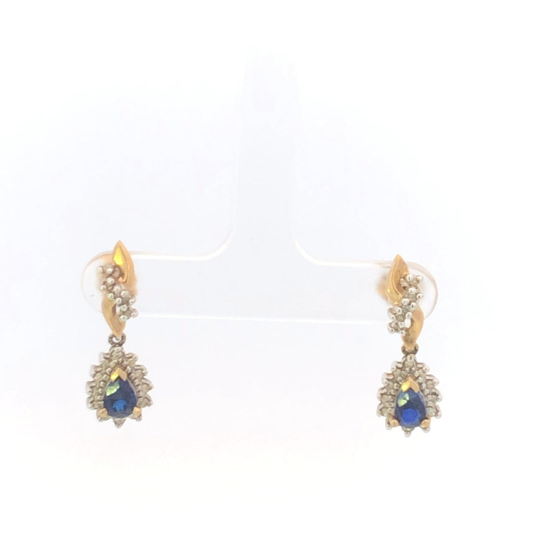 10K Pear Sapphire Diamond Halo Vintage Tangle Earrings Yellow Gold