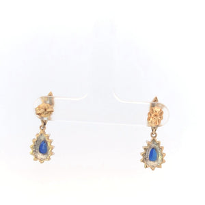 10K Pear Sapphire Diamond Halo Vintage Tangle Earrings Yellow Gold