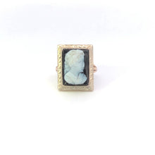 Load image into Gallery viewer, 10K Art Deco Carved Black Onyx Cameo Squared Ring White Gold