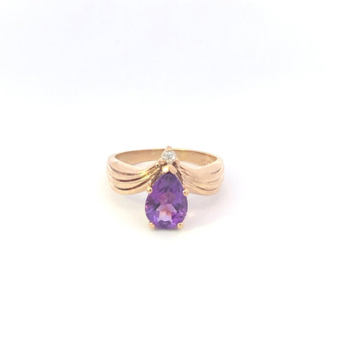 10K Pear Amethyst Diamond Vintage Statement Ring Yellow Gold